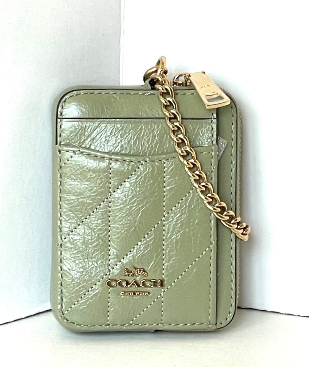 Coach CEC51 Quilted Leather Zip Card Case ID Wallet Chain Strap